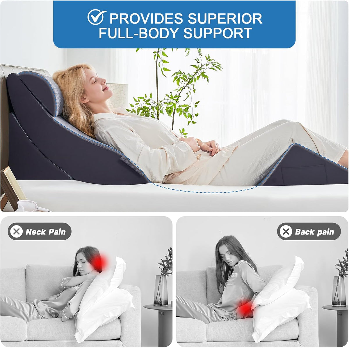 Bed Wedge Pillow Set for After Surgery, Orthopedic Wedge Pillows for Sleeping, Back, Neck and Leg Pain Relief, Adjustable Memory Foam Support Pillows for Acid Reflux, GERD & Snoring, Grey