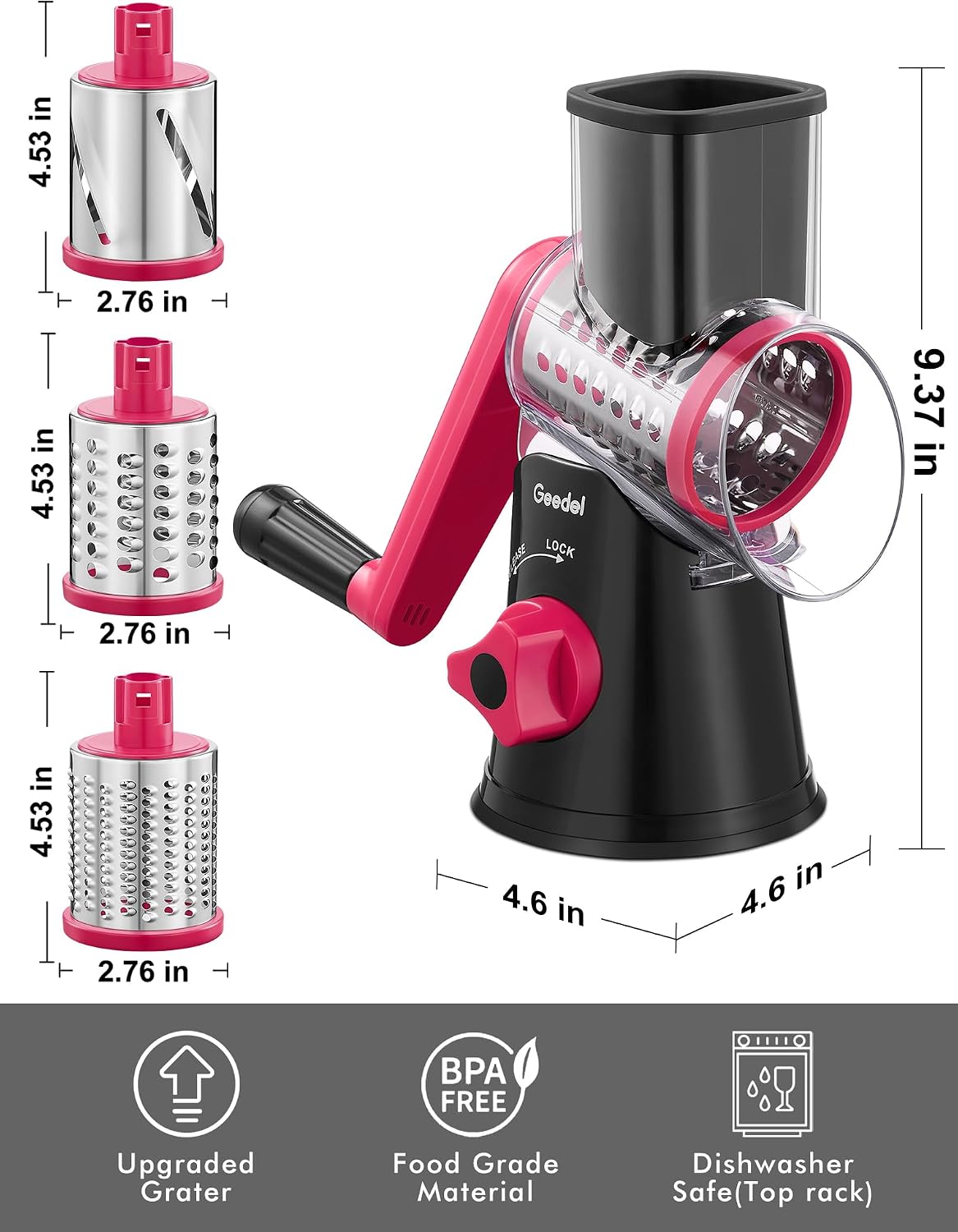 Geedel Rotary Cheese Grater, Kitchen Mandoline Vegetable Slicer with 3 Interchangeable Blades, Easy to Clean Rotary Grater Slicer for Fruit, Vegetables, Nuts | 3 Blades, 430 Stainless Steel, 12x Fast Cutting, Strong Suction Base, No BPA, Dishwasher Safe,