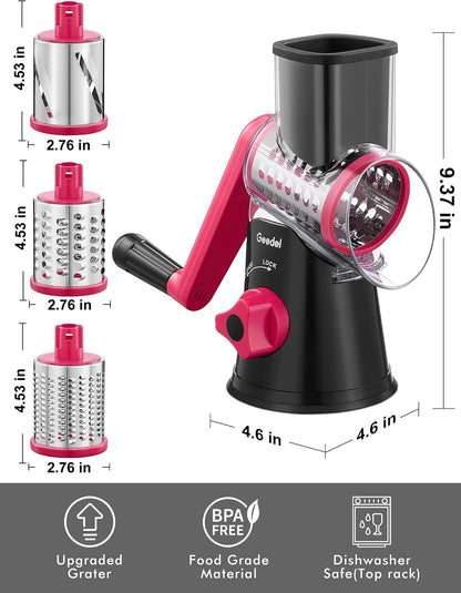 Geedel Rotary Cheese Grater, Kitchen Mandoline Vegetable Slicer with 3 Interchangeable Blades, Easy to Clean Rotary Grater Slicer for Fruit, Vegetables, Nuts | 3 Blades, 430 Stainless Steel, 12x Fast Cutting, Strong Suction Base, No BPA, Dishwasher Safe,