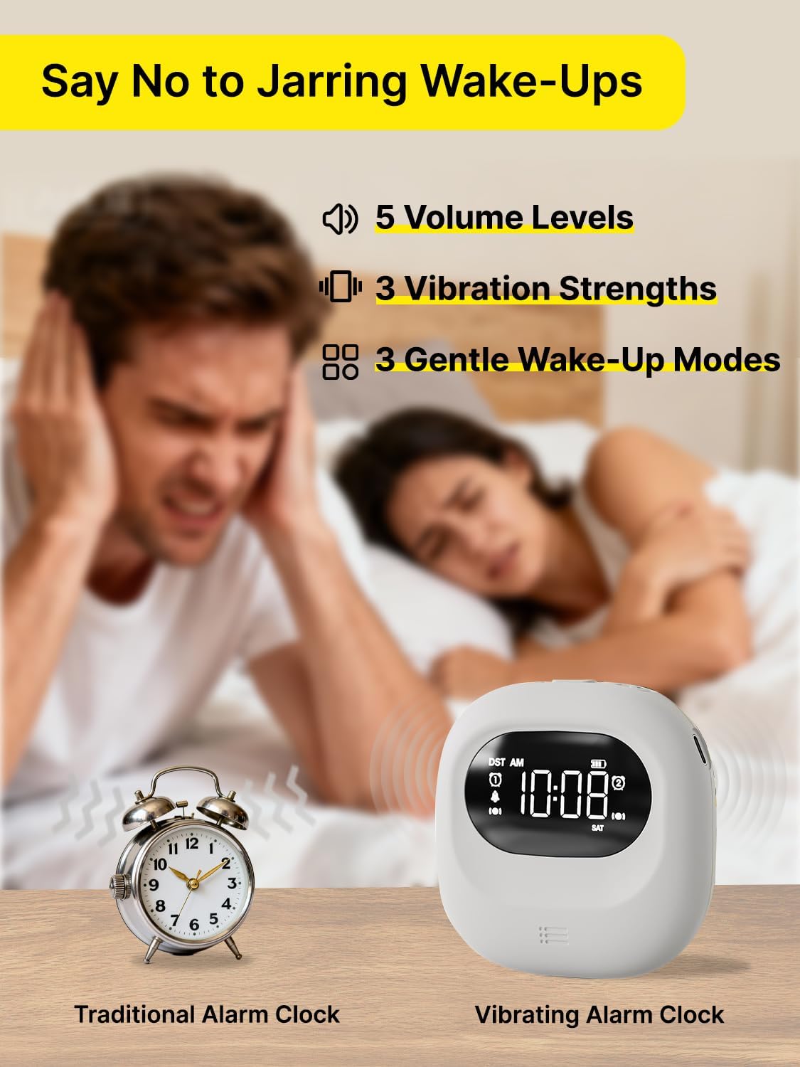 Vibrating Alarm Clock Bed Shaker Travel Clock, Rechargeable 3000mAh Battery