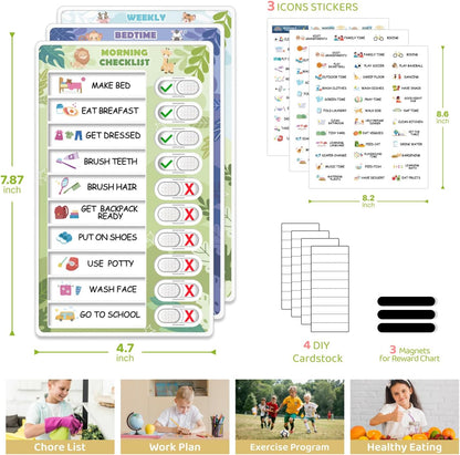 Upgraded Slider 4 in 1 Reward Chart for Kids, Reusable Bedtime/Morning/Daily Routine Chart for Kids, Magnetic Chore Chart for Kids Toddlers, Sticker Chart for Kids Behavior Chart for Kids at Home