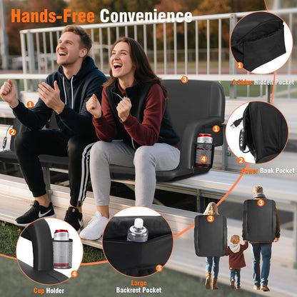 Suteck Dual-Side Heated Stadium Seats with Back Support, Wide Portable Stadium Chair, Foldable Bleacher Chair W/USB 3-Level Heating, 5 Storage Pockets for Outdoor Bleachers Camping Games