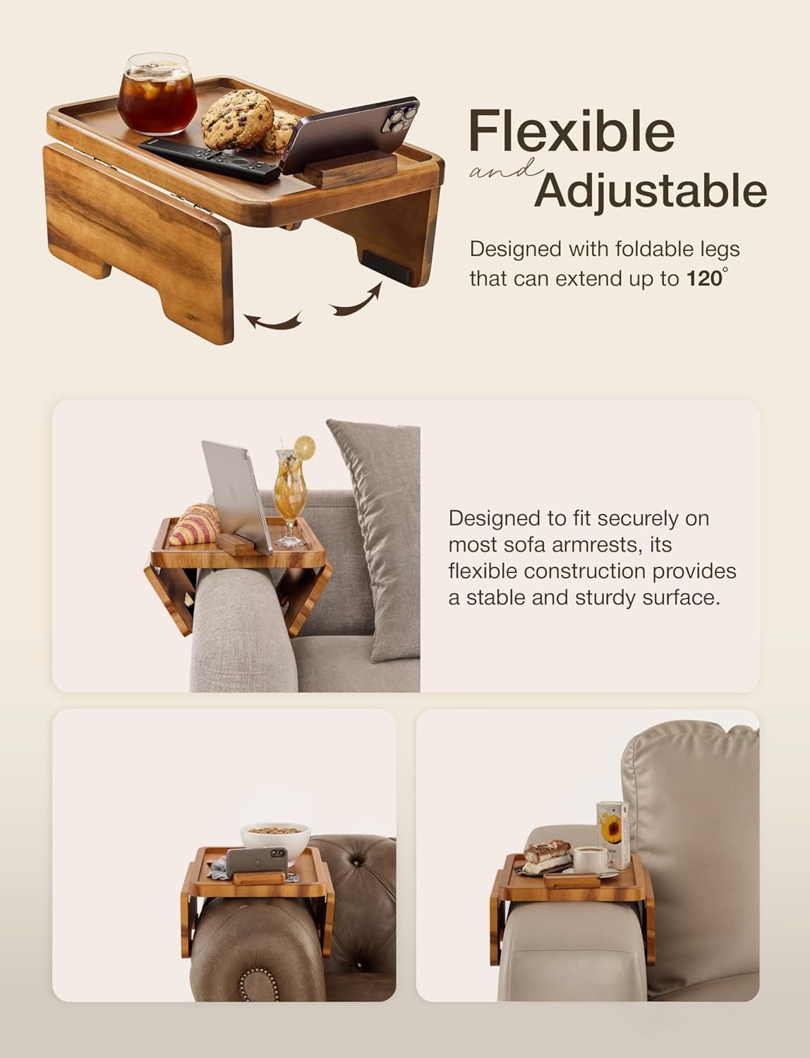 HOLANA 13.75" Acacia Sofa Arm Tray Table, Double Hinge, Natural Wood Color | Solid Acacia Wood, Spacious Surface, Clips Securely with Double-hinge Grip, Foldable & Portable, Multipurpose, No Assembly