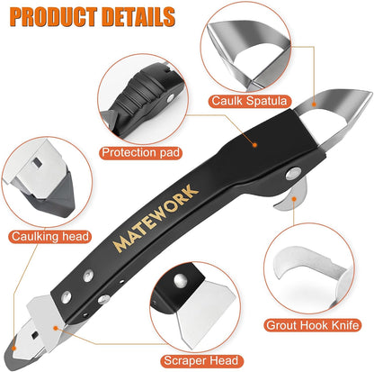 Matework Complete Caulking Tool Kit, 4 in 1 Stainless Steel Caulk Remover | Caulk Finishing Tool, Grout Removal, Scraper, Cut Resistant Gloves, for Bathroom Shower Kitchen Living Room, Home Repair