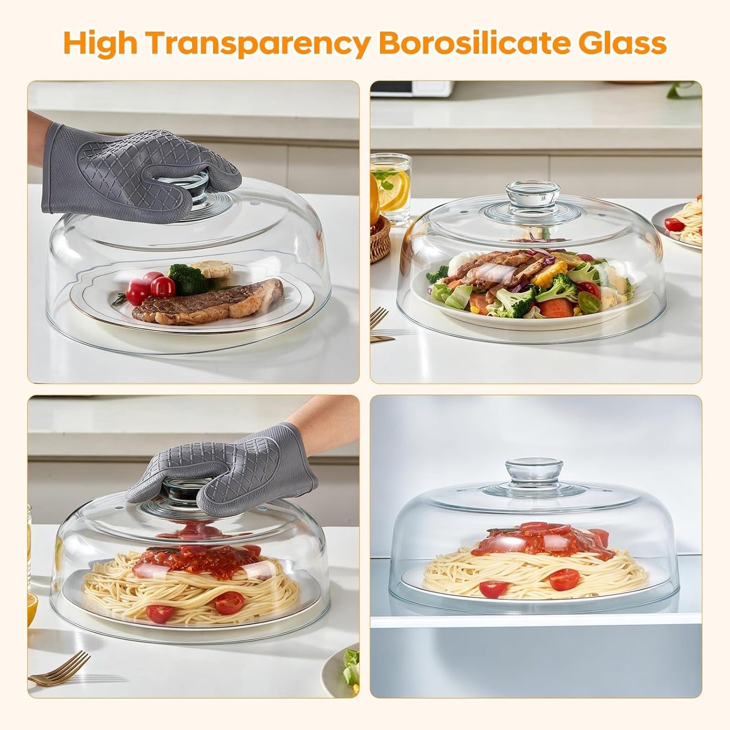 Heavy 12 Inch Borosilicate Glass Microwave Splatter Cover for Food | All Glass Tall Splatter Guard Microwave Plate Serving Dish Covers Lid with Handle for Heating Food