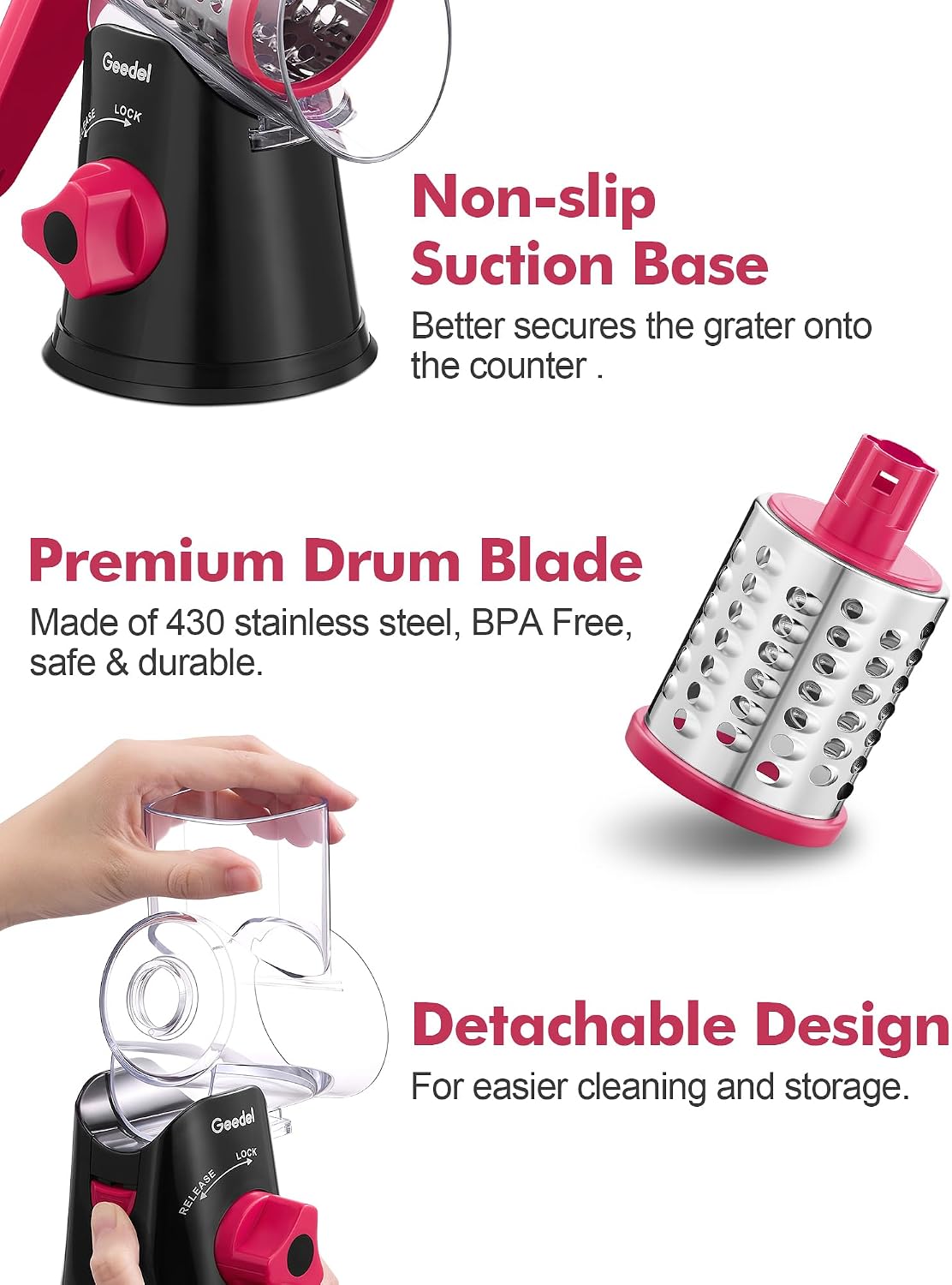 Geedel Rotary Cheese Grater, Kitchen Mandoline Vegetable Slicer with 3 Interchangeable Blades, Easy to Clean Rotary Grater Slicer for Fruit, Vegetables, Nuts | 3 Blades, 430 Stainless Steel, 12x Fast Cutting, Strong Suction Base, No BPA, Dishwasher Safe,