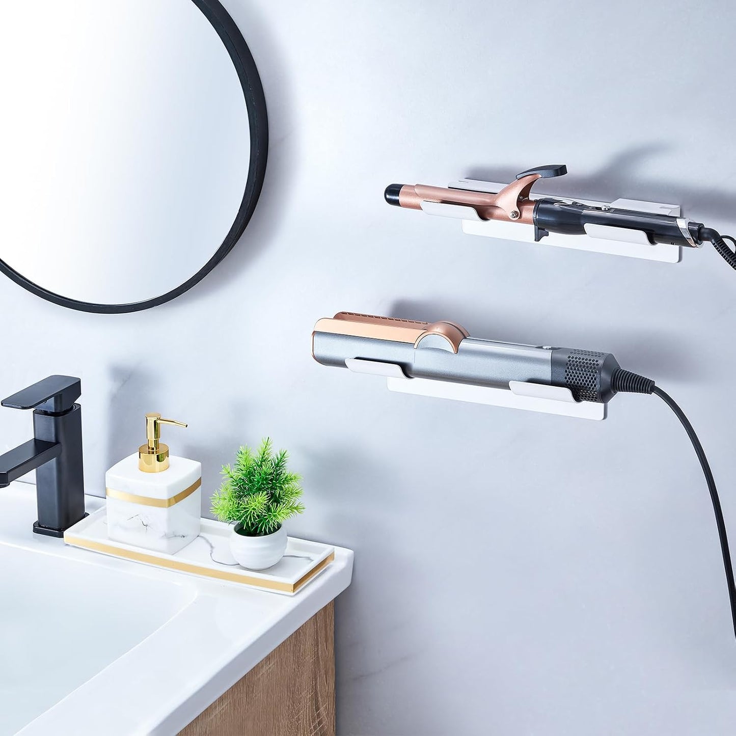 2 PCS Wall Mount Curling Iron Holder and Hair Tool Organizer with Adhesive, Multifunctional Hot Flat Iron and Hair Straightener Holder Storage Stand for Vanity, Cabinet and Wall, White