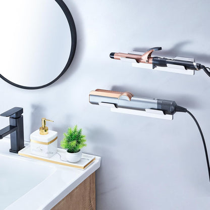 2 PCS Wall Mount Curling Iron Holder and Hair Tool Organizer with Adhesive, Multifunctional Hot Flat Iron and Hair Straightener Holder Storage Stand for Vanity, Cabinet and Wall, White