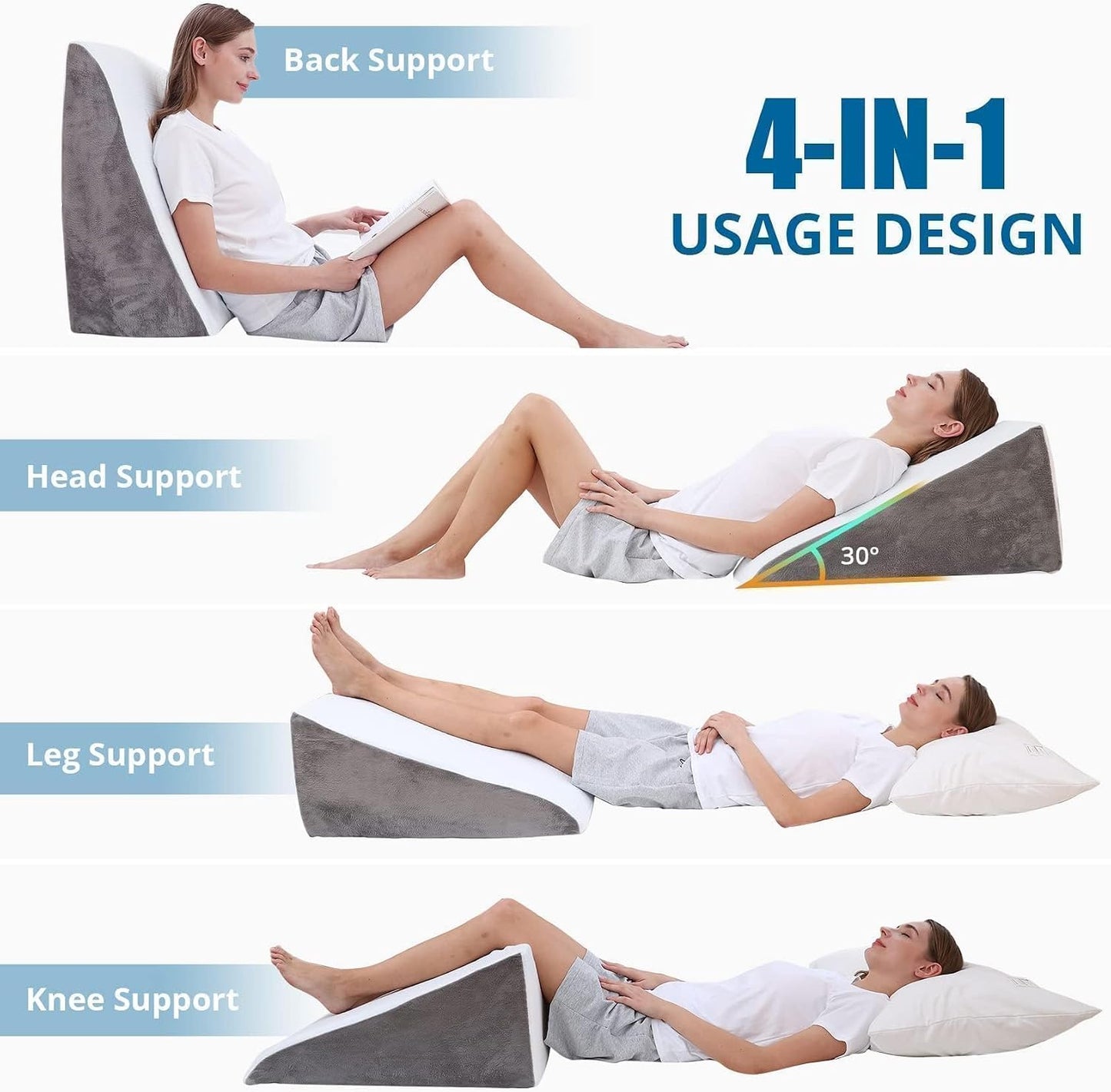 Sasttie Wedge Pillow 24x24x12 inch, Memory Foam Bed Wedge, Cool Grey | Triangle Pillow for Sleeping, Acid Reflux, Back Pain, Post-Surgery, and Snoring, Designed with Removable Washable Cover