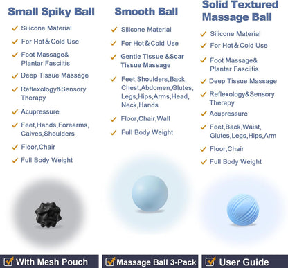 3-Piece Silicone Lacrosse Ball Set for Deep Tissue and Trigger Points - Smooth, Textured, and Spiky Massage Balls for Myofascial Release, Muscle Knots & Plantar Fasciitis