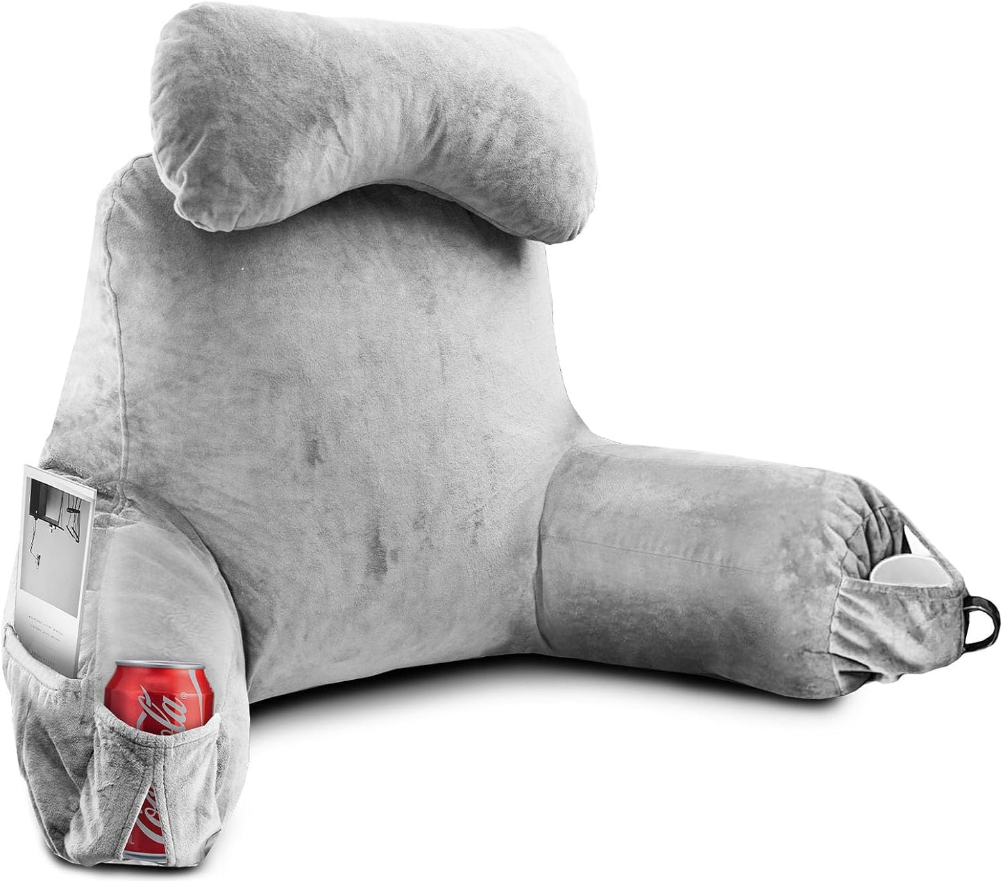 OAISZ Reading Pillow for Sitting in Bed with Shredded Memory Foam, Grey | 19-Inch Back Pillow for Sitting Up in Bed, Extended Arms, Side Pockets, Supportive Adjustable Pillow Removable Washable Cover