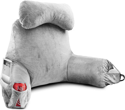 OAISZ Reading Pillow for Sitting in Bed with Shredded Memory Foam, Grey | 19-Inch Back Pillow for Sitting Up in Bed, Extended Arms, Side Pockets, Supportive Adjustable Pillow Removable Washable Cover