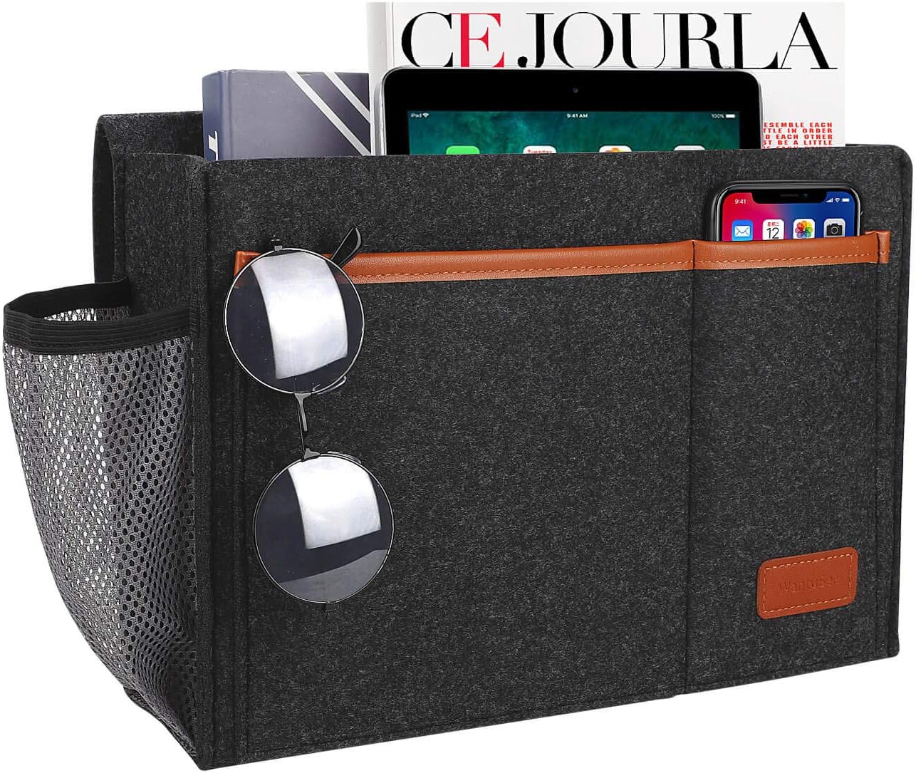 Bedside Caddy, Felt Bed Storage Organizer Hanging Bag Holder with 5 Pockets, Magazine Book Phone Tablet iPad Cables Remote and Water Bottle Holder for Home Dorm Bed Sofa, Light Gray