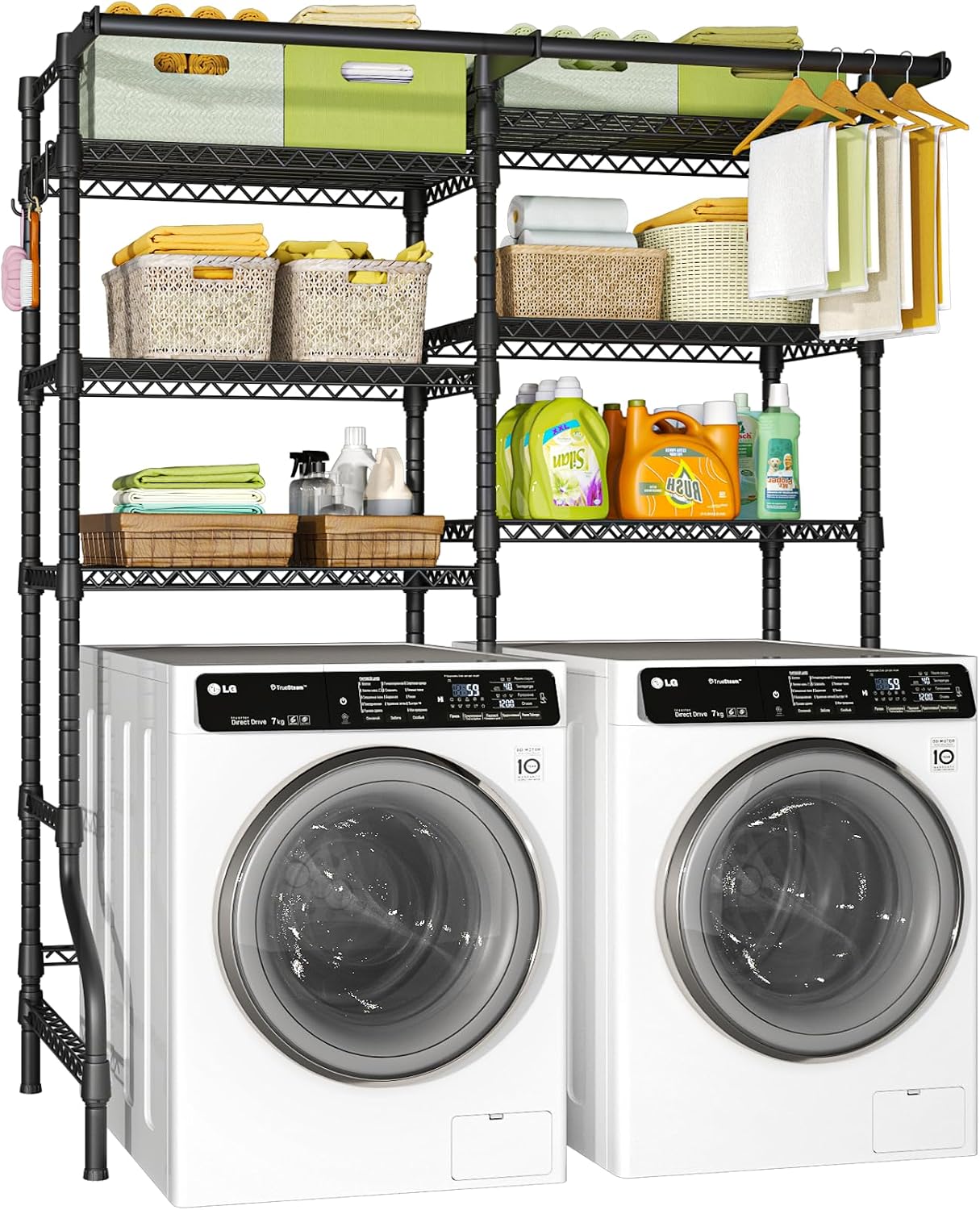 U13 Medium Over Washer and Dryer Storage Shelves, 6 Tiers Laundry Rack | Metal Clothes Drying Rack Space Saver with 2 Hanger Rods and Hooks, Laundry Room Standing Shelf Above Washer Dryer, White