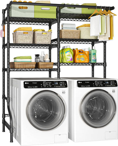 U13 Medium Over Washer and Dryer Storage Shelves, 6 Tiers Laundry Rack | Metal Clothes Drying Rack Space Saver with 2 Hanger Rods and Hooks, Laundry Room Standing Shelf Above Washer Dryer, White
