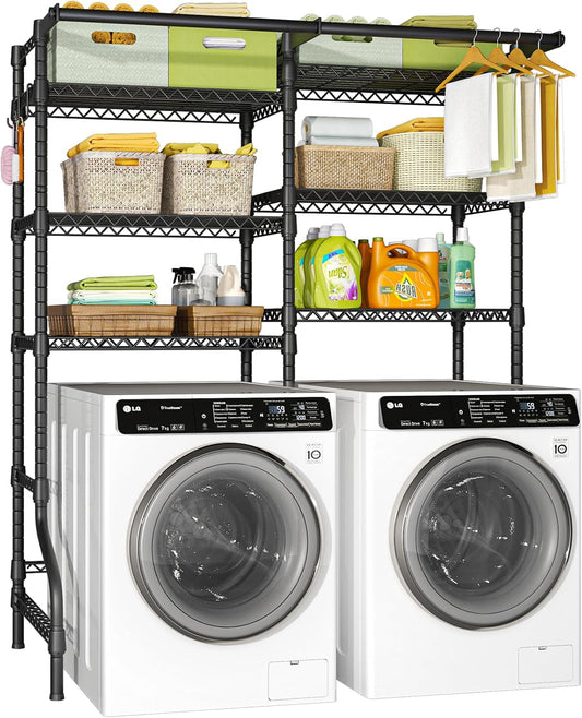 U13 Medium Over Washer and Dryer Storage Shelves, 6 Tiers Laundry Rack | Metal Clothes Drying Rack Space Saver with 2 Hanger Rods and Hooks, Laundry Room Standing Shelf Above Washer Dryer, White