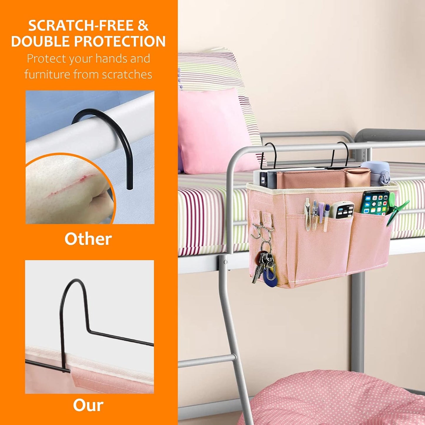Surblue Bedside Caddy Bedside Storage Bag Hanging Organizer for Bunk, Hospital Beds, Dorm Rooms Bed Rails Camp 4 Pockets and 2 Hooks (Skyblue)