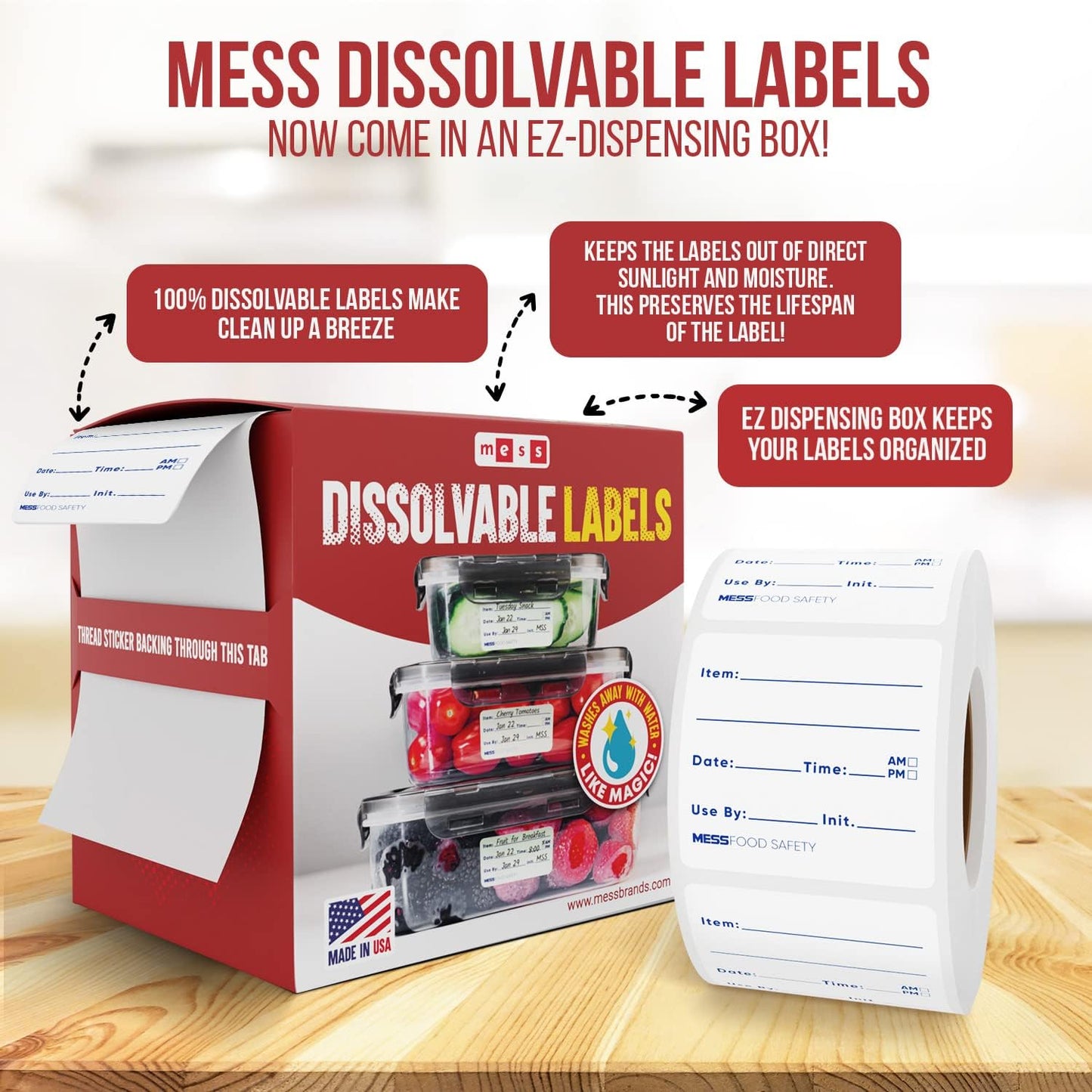 MESS Dissolvable Food Labels, Blank, 1x2 500/Roll - Dissolves in 30 Seconds or Less - Removable Pantry, Meal Prep & Food Storage Labels - Canning & Freezer Use