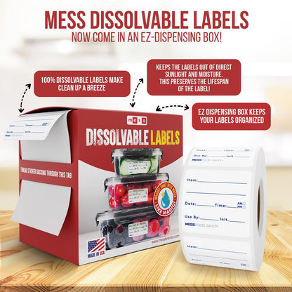 MESS Dissolvable Food Labels, Blank, 1x2 500/Roll - Dissolves in 30 Seconds or Less - Removable Pantry, Meal Prep & Food Storage Labels - Canning & Freezer Use