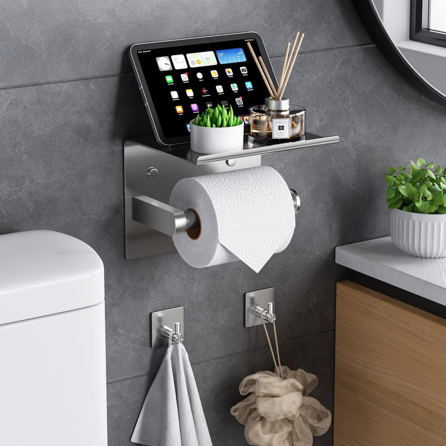 Tindbea Toilet Paper Holder Wall Mount + Towel Robe Hooks, Adhesive or Screw Wall Mounted Toilet Paper Roll Holder with Shelf, Stainless Steel Bathroom Organizers and Storage Kit (Brushed Gold)
