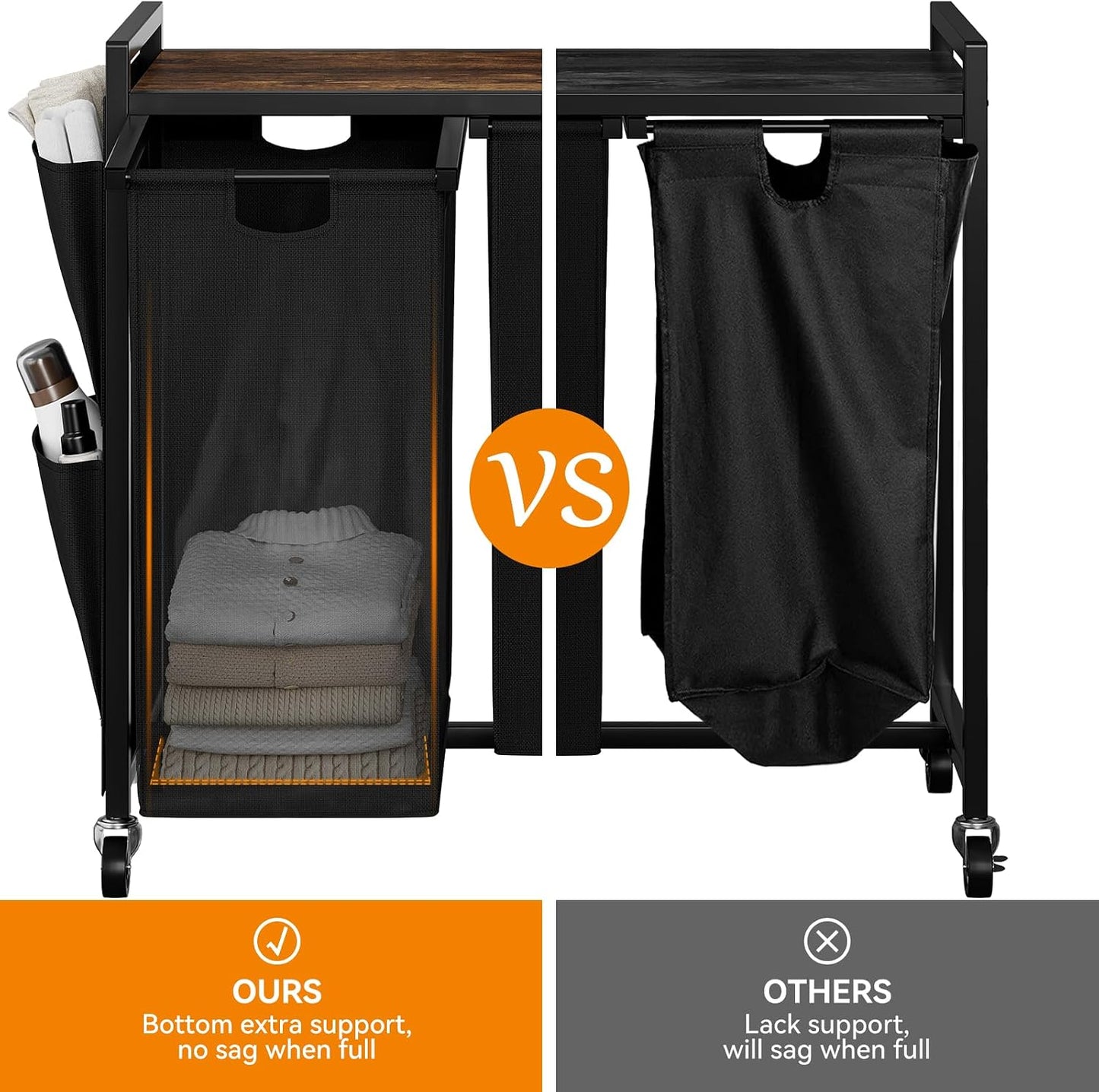 WOWLIVE Double Laundry Hamper with Wheels, Rolling Laundry Basket Organizer | Laundry Hamper 2 section with Lid, Iron-Made Laundry Sorter with Shelf, Removable Bags, Large Clothes Storage, White