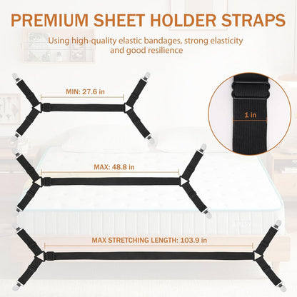 Bed Sheet Holder Straps, 2Pcs Elastic Adjustable Bed Sheet Grippers | Fitted Sheet Holder Keep Sheets in Place, Enhance Sleep Experience, Black