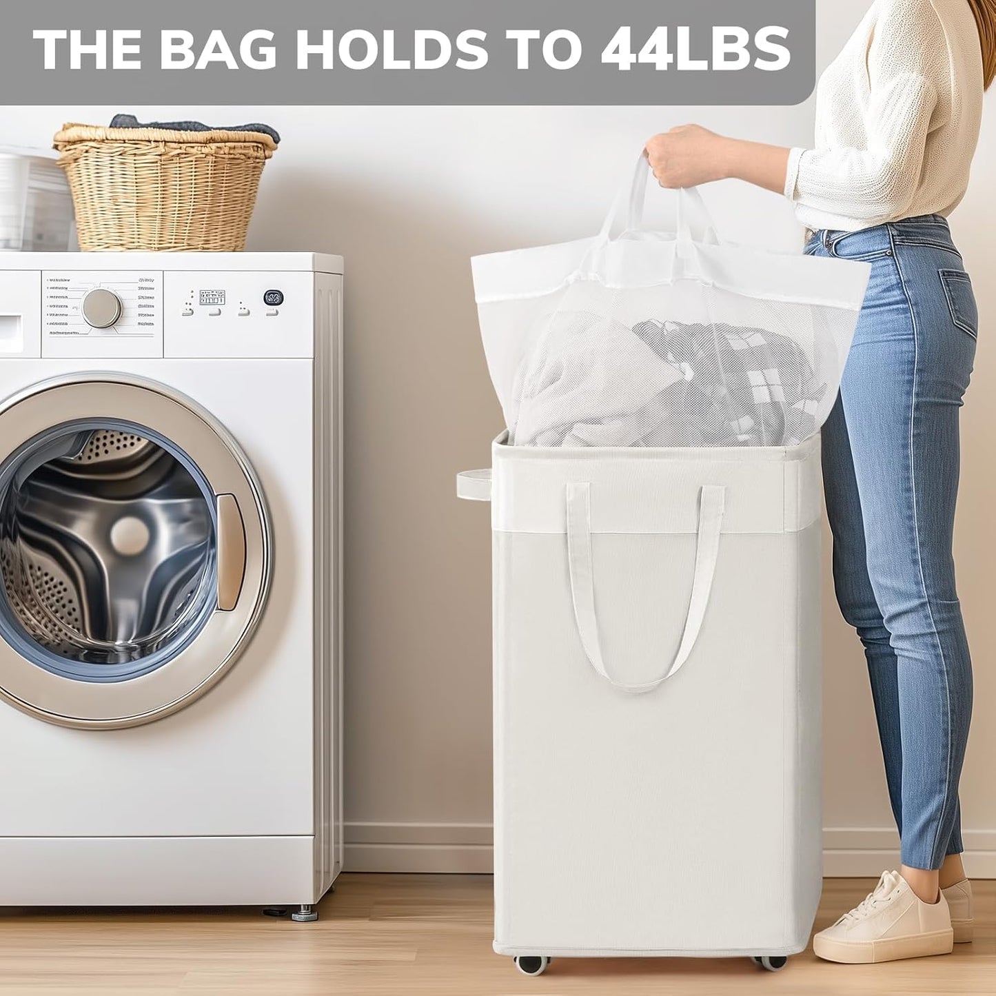 Goodpick 75L Laundry Basket with Wheels & Removable Wash Bag for Dorm | Rolling Laundry Basket with Handles for Dirty Clothes, Fodable Hamper for Laundry Room, Dorm Room Essentials, Grey