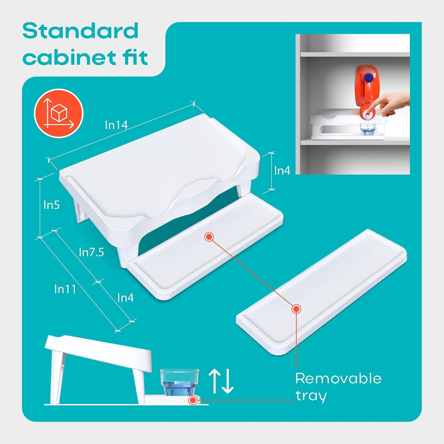 Skywin Laundry Detergent Holder Shelf for Laundry Room - 1 Pack - White | Holds 2 Bottles, Easy Pouring, Rubber Feet, Angled Stand, Fabric Softener Dispenser for Laundry Room Organization & Storage
