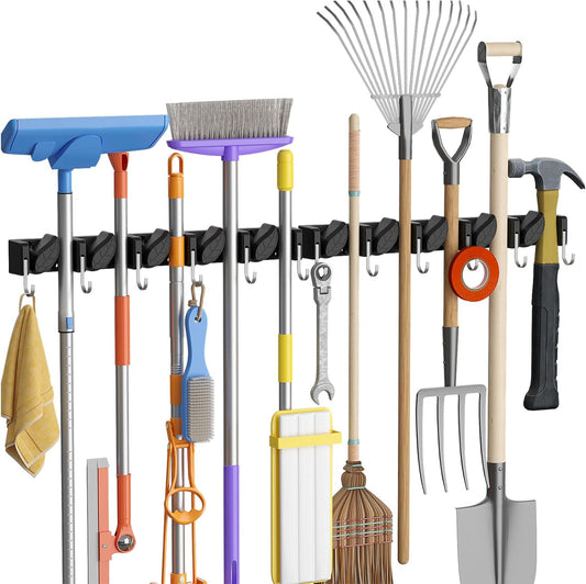 Lifewit Mop and Broom Holder Organizer Wall Mount Non-Slip, 1 Pack, Black | Easy Install One Handed Push Cleaning Tool Hanger with 6 Hooks 5 Slots, Heavy Duty Hanging Utility Rack for Garden, Garage