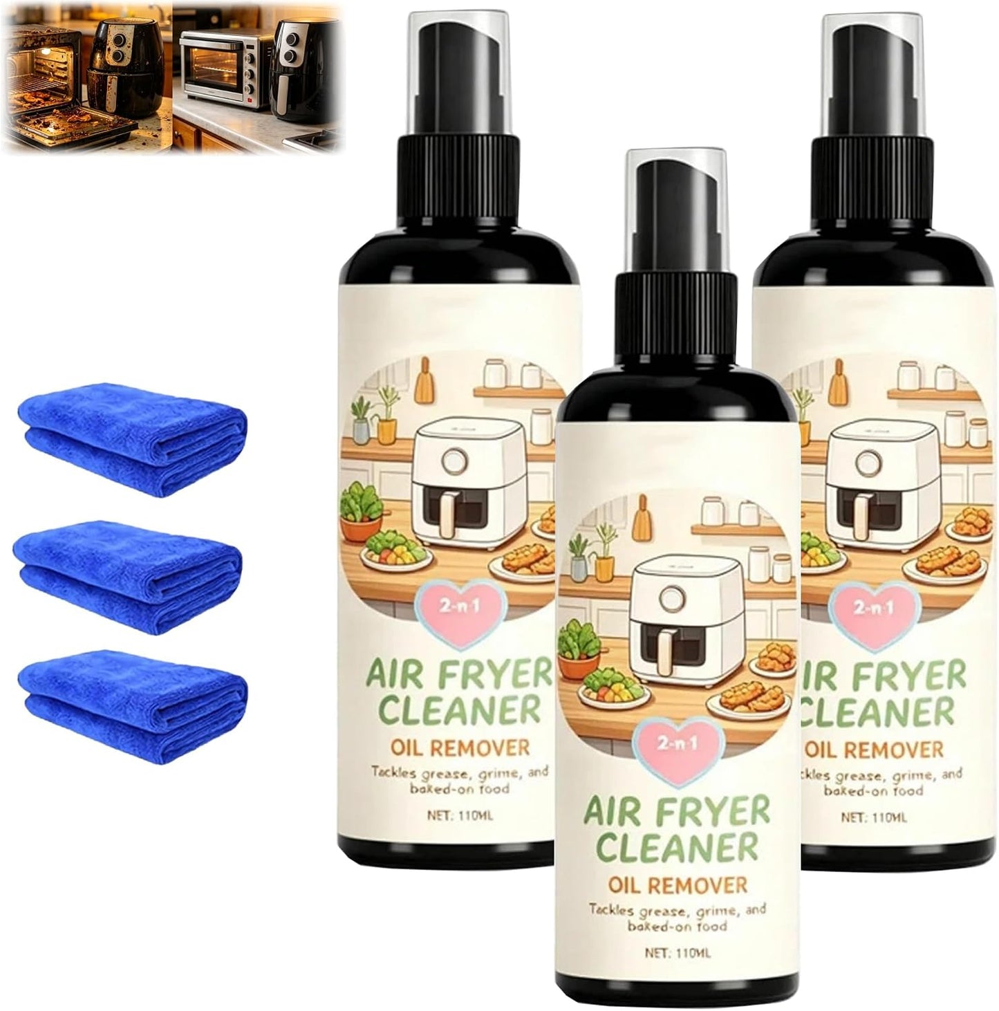 HISKI 2-in-1 Air Fryer Cleaner and Degreaser Spray, Grease Air Fryer Cleaner Spray, Powerful Kitchen Degreaser Foam Spray (1PC, 110ML)
