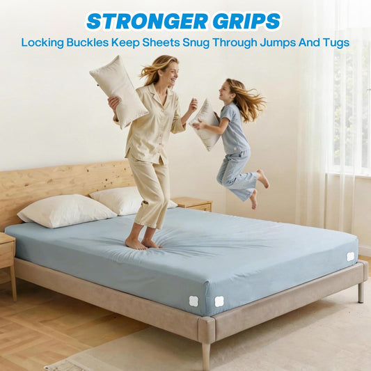 Bed Sheet Holders for Corners - Fitted Sheet Clips with Heavy - Duty Bed Sheet Grippers, Universal Bed Lock Sheet Straps to Stop Slipping, Includes Cloud Sleep Mask & Noise-Canceling Earplugs