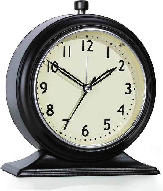 AYRELY® 5.5" Vintage Metal Alarm Clock, Desk and Table Clock for Shelf | Battery Operated Silent Analog Clock with Light for Living Room,Mantel, Bedside and Home Decor (White)