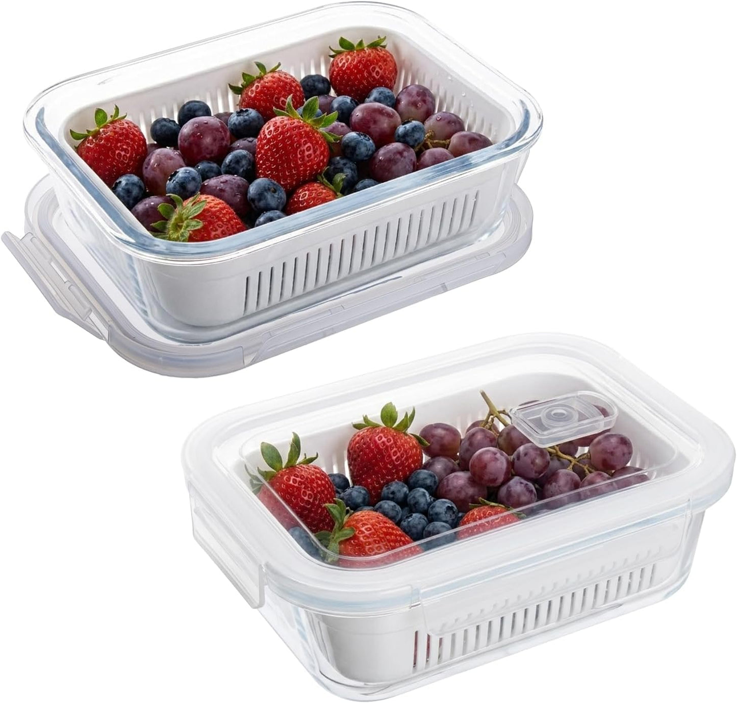 Glass Fruit Storage Containers with Colander, Detachable Colander, 2 Pack | Leak-Proof And Four-Tab Locking Lid | Glass | For Daily Use/Travel/Cooking | Fruit/Vegetable/Lunch