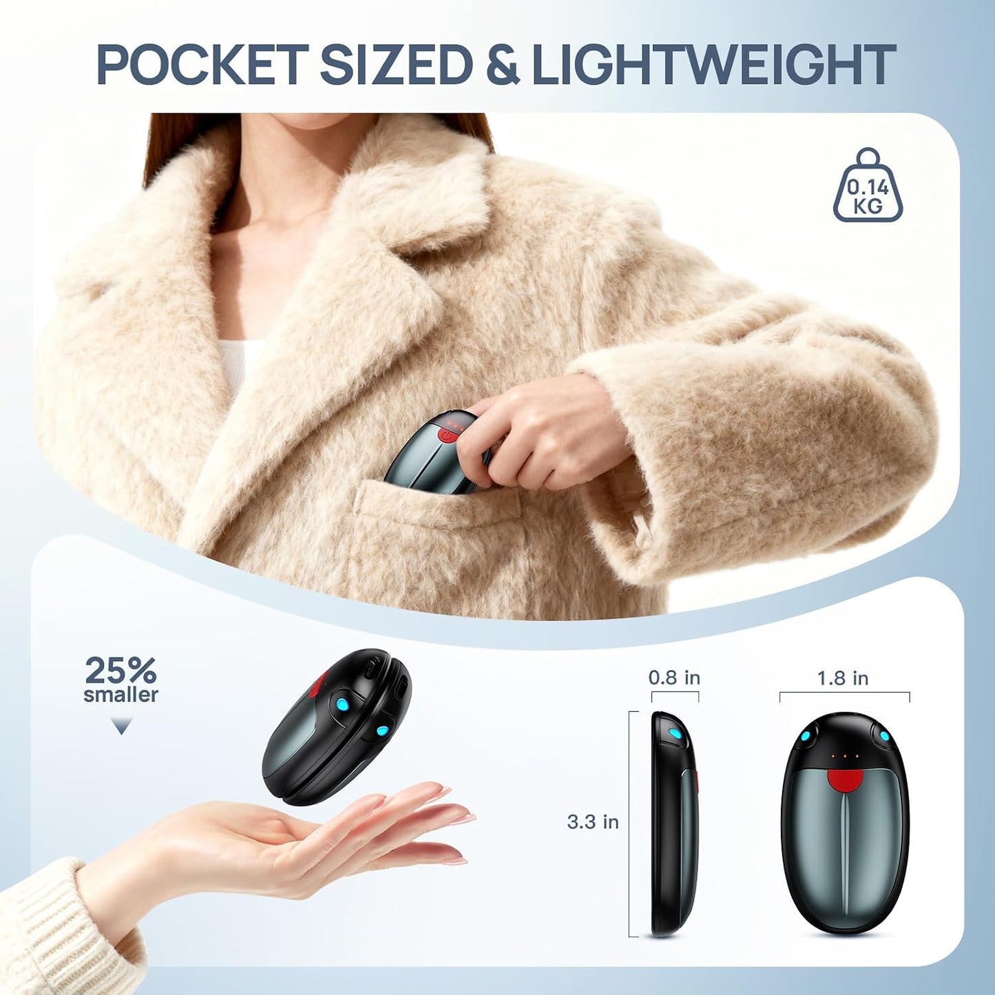 Hand Warmers Rechargeable, 2 Pack Portable Pocket Hand Warmers, 20Hrs Long Heating Double Warm Electric Handwarmers, Reusable Heater for Outdoors, Camping, Hunting, Golf, Fishing