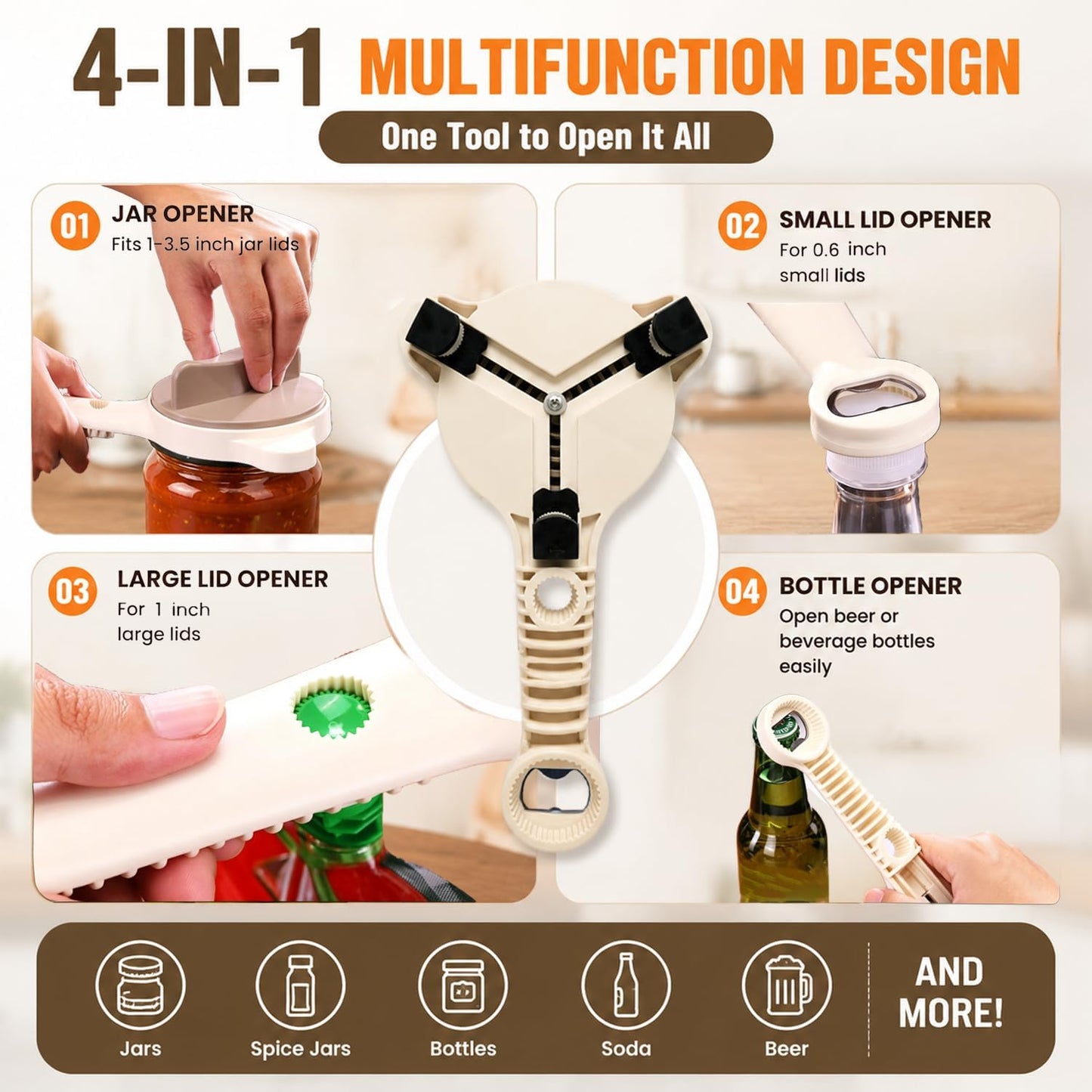 4-in-1 Jar Opener for Weak Hands & Arthritis, Adjustable Lid Opener | Non-Slip Stainless Steel Can & Bottle Opener for Jars, Cans & Bottles, Easy Grip Kitchen Tool for Seniors