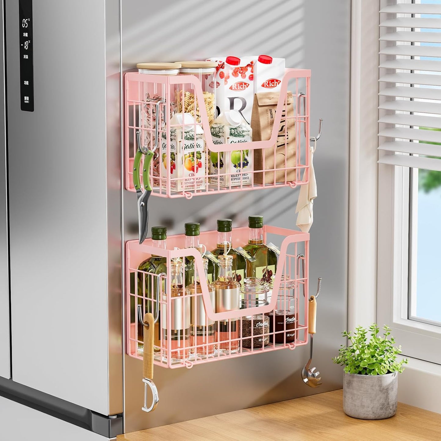 Magnetic Shelf for Fridge, Fruit Basket Magnet Shelves with 2 Hooks | Potato and Onion Storage Bins, Black Magnetic Organizer Side of Fridge Storage, Magnetic Spice Rack for Refrigerator Kitchen