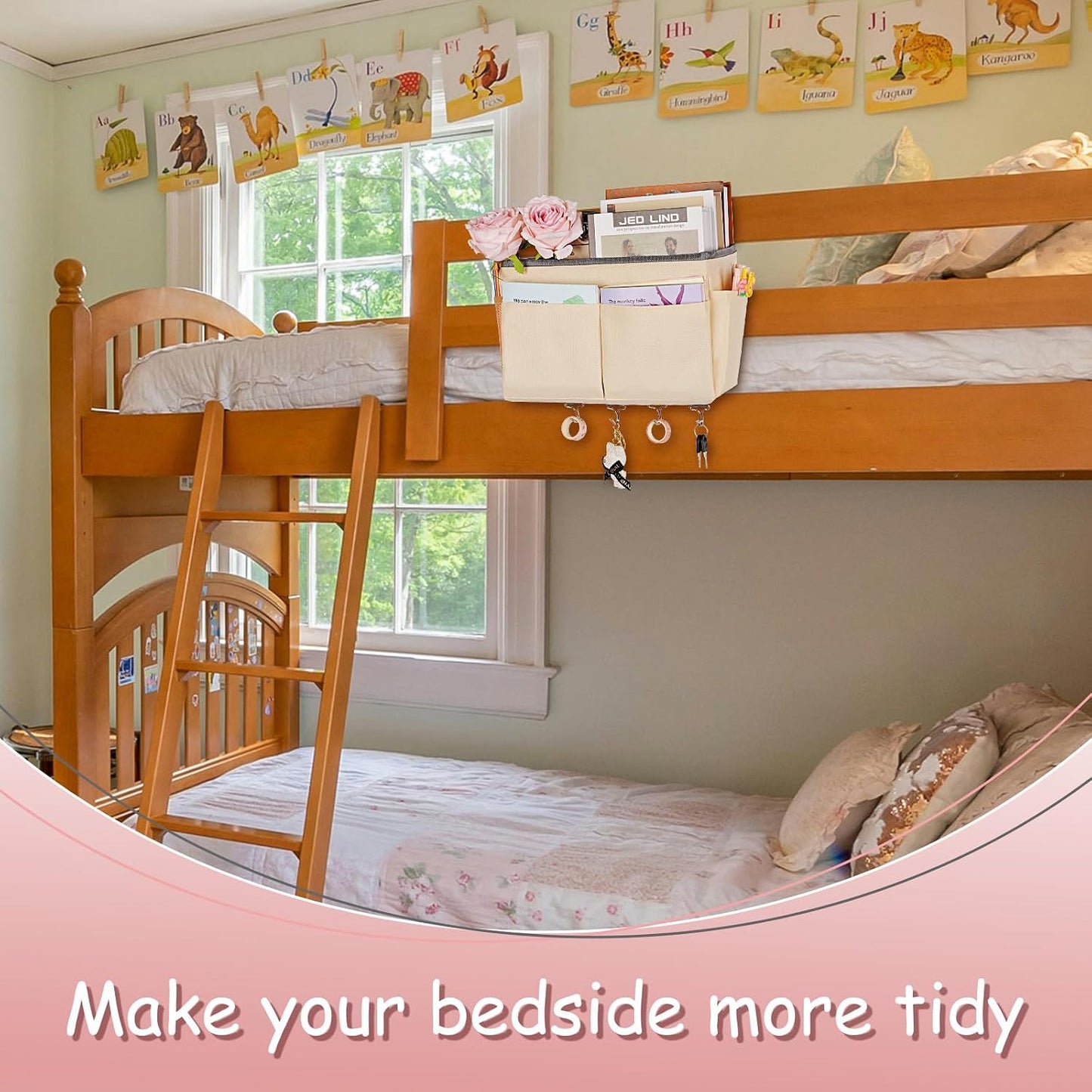 Bedside Caddy Organizer 5 Pockets and 4 Hooks for Bunk Bed Pink | Hanging Storage Bag for Headboards