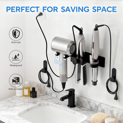 Hair Dryer Holder Wall Mounted with Cord Organizer, Curling Iron Holder | Hair Straightener Holder, Bathroom Hair Tool Organizer and Storage, Metal Blow Dryer Holder Rack for Most Dryers