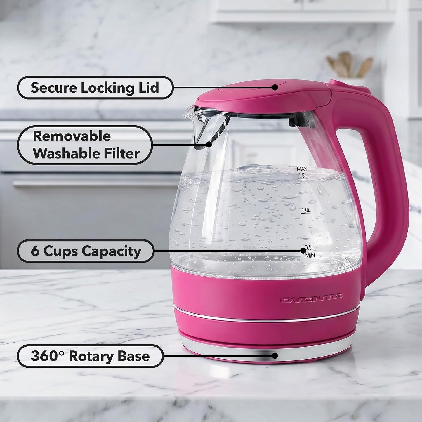OVENTE 1.5L Glass Electric Kettle Water Boiler, Black KG83B | 1100W Fast Boiling, Borosilicate Glass, BPA-Free, Blue LED, Auto Shut-Off, Boil-Dry Protection, Removable Filter, 360° Base