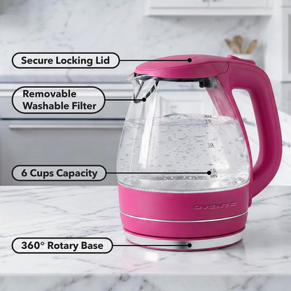 OVENTE 1.5L Glass Electric Kettle Water Boiler, Black KG83B | 1100W Fast Boiling, Borosilicate Glass, BPA-Free, Blue LED, Auto Shut-Off, Boil-Dry Protection, Removable Filter, 360° Base