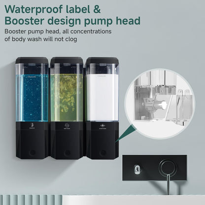Shampoo and Conditioner Dispenser 3 Chamber No Drill Shampoo Dispenser for Shower Wall Mounted Shower Soap Dispenser 3 * 500ml Refillable Shower Dispenser for Bathroom Hotel(Black 3 Chamber)