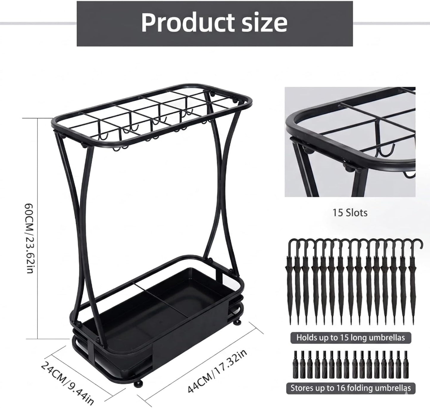 15 Slot Umbrella Stand with 8 Hooks – Heavy Duty Metal Indoor Umbrella Rack Holder with Removable Drip Tray – Large Commercial Entryway Organizer for Office, Lobby or Home