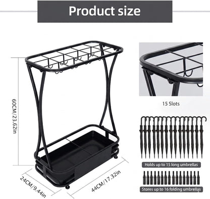 15 Slot Umbrella Stand with 8 Hooks – Heavy Duty Metal Indoor Umbrella Rack Holder with Removable Drip Tray – Large Commercial Entryway Organizer for Office, Lobby or Home