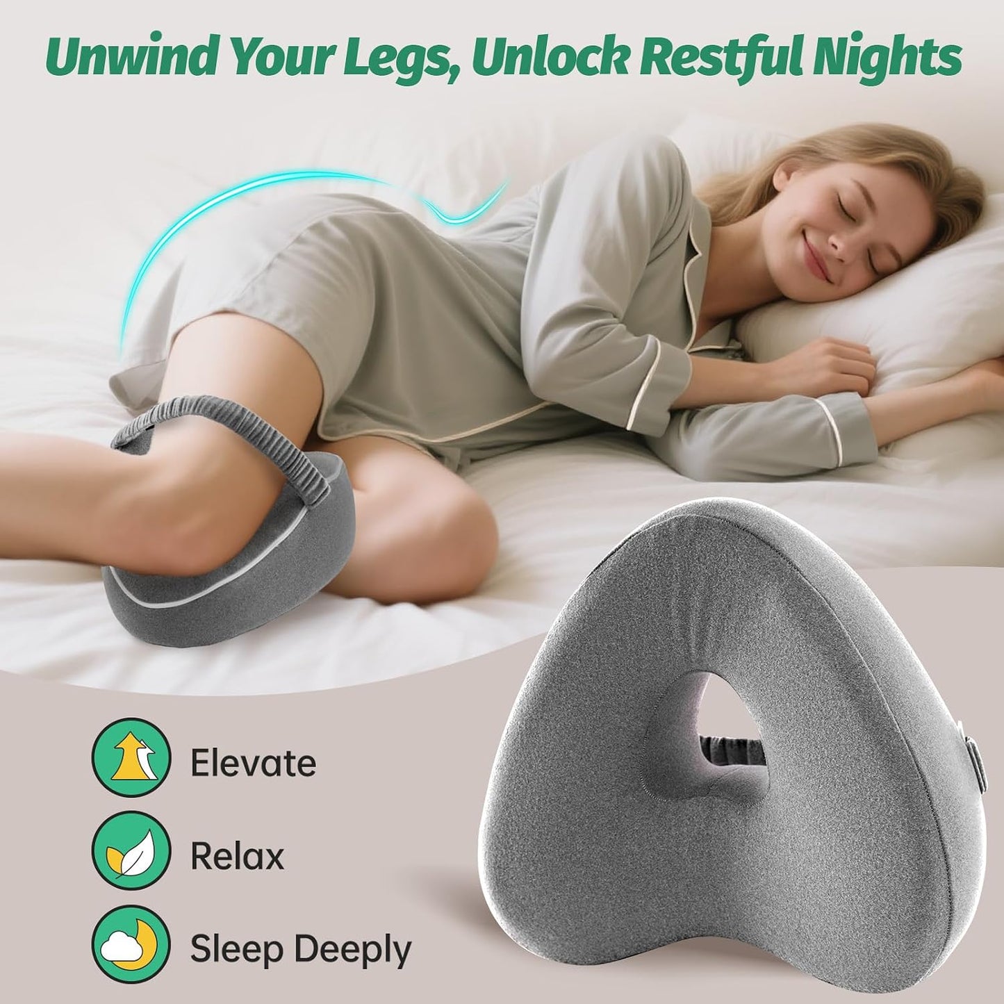 xiaomubiao Memory Foam Knee Pillow for Side Sleepers, Cooling Leg Pillow with Adjustable Strap for Sciatica, Hip & Back Pain Relief, Orthopedic Contour Between Leg Cushion with Washable Cover