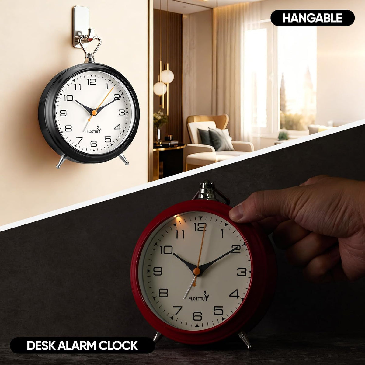 FLOITTUY 4.5" Battery Operated Antique Retro Analog Metal Alarm Clock, Silent Bedside Desk Clock, Wall-Hanging Vintage Clock(Exquisite Bronze)