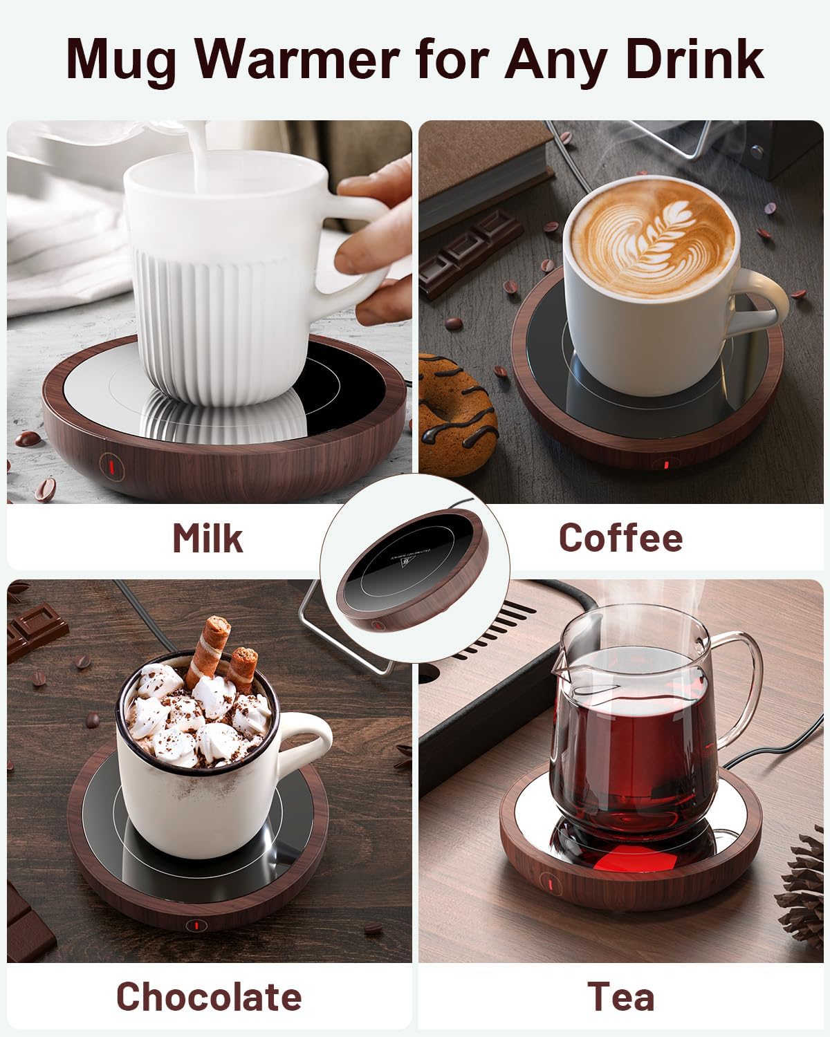 SWEETFULL Coffee Mug Warmer, Electric Cup Warmer for Desk - Wood | 36W Fast Heating Beverage, 3-Temp Settings, 4H Auto Shut-Off, Smart Coffee Gifts Accessories for Women Men Milk, Tea, Candle