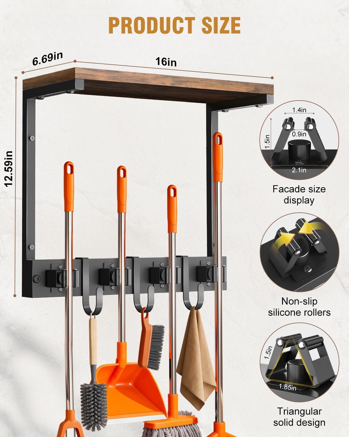 Large Broom Holder Wall Mount with Shelf, Vacuum Organizer, 5 Slots 5 Hooks | Black, 3-In-1 Wall Mount Stores Brooms/Mops/Vacuum, Cleaning Supplies With 5 Grippers/5 Hooks And A Sturdy Wooden Top Shelf