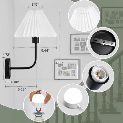 Rechargeable Battery Operated Wall Sconce Sets of 2, 15 Colors Wireless gooseneck Black Wall Lights Fixture with Dimmable Bulbs and Remote, Not Hardwired Wall Mounted Lamps for Bedroom Living Room
