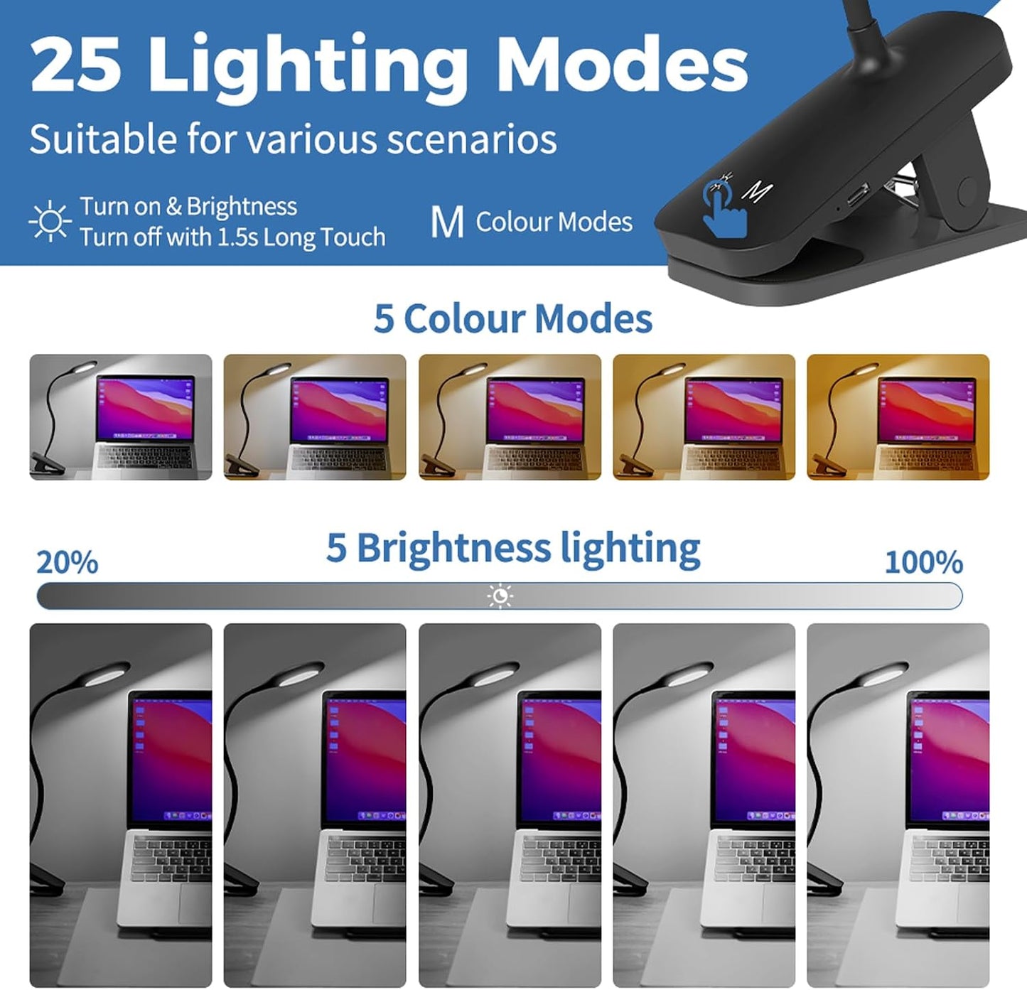 CUHIOY Rechargeable Clip on Reading Light for Bed Headboard, Pink, 1 Pack | Large Clamp Flexible Neck, Battery Desk Lamp, 5 Color 5 Brightness Touch Control, Flicker-Free LED Bedside Night Light