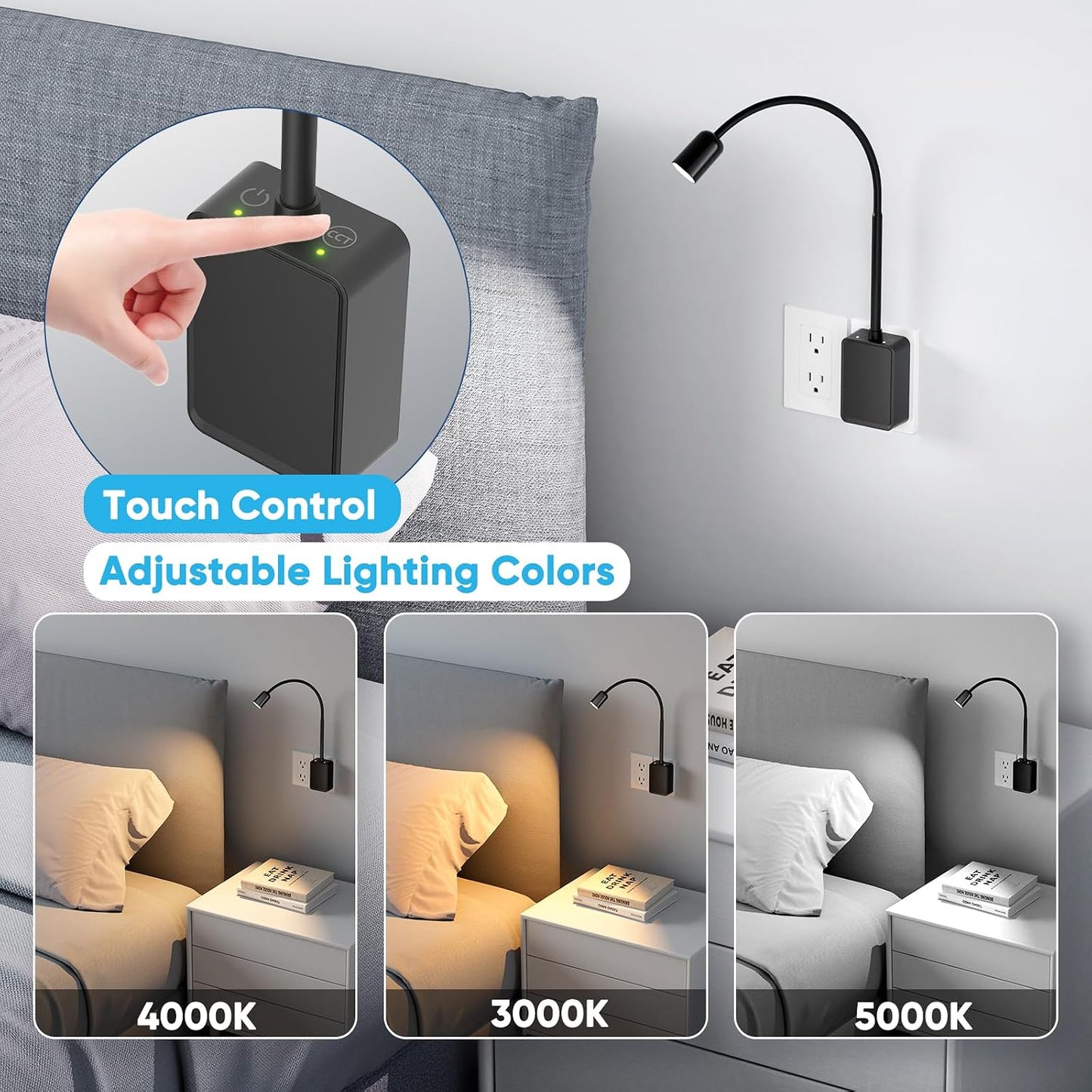 Plug in LED Book Reading Spot Light, White Dimmable Wall Sconce Lamp with Power Plug and Outlet Extender for Kitchen Bedroom Living Room, 3 Lighting Colors, USB Output Charging Ports